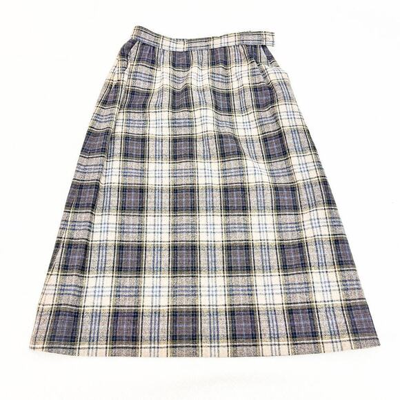 Pendleton Plaid Virgin Wool Patterned Cream Blue Pencil Skirt Pockets Size 6 - Picture 1 of 5
